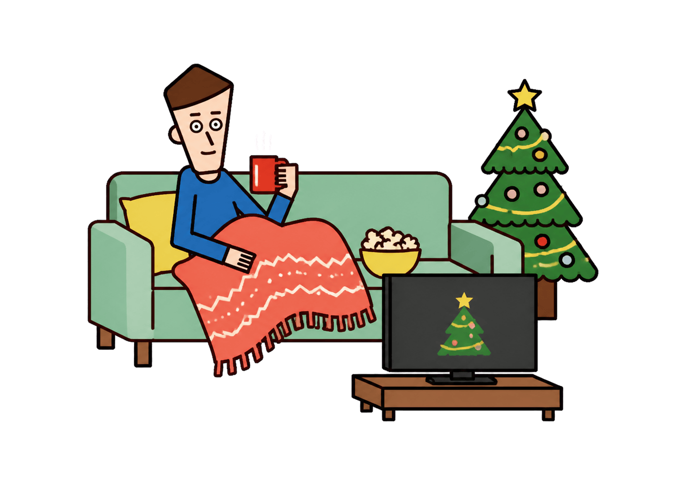 A cheerful adult enjoying Christmas alone on a sofa with a warm drink, festive movie, snacks, and a small tree.