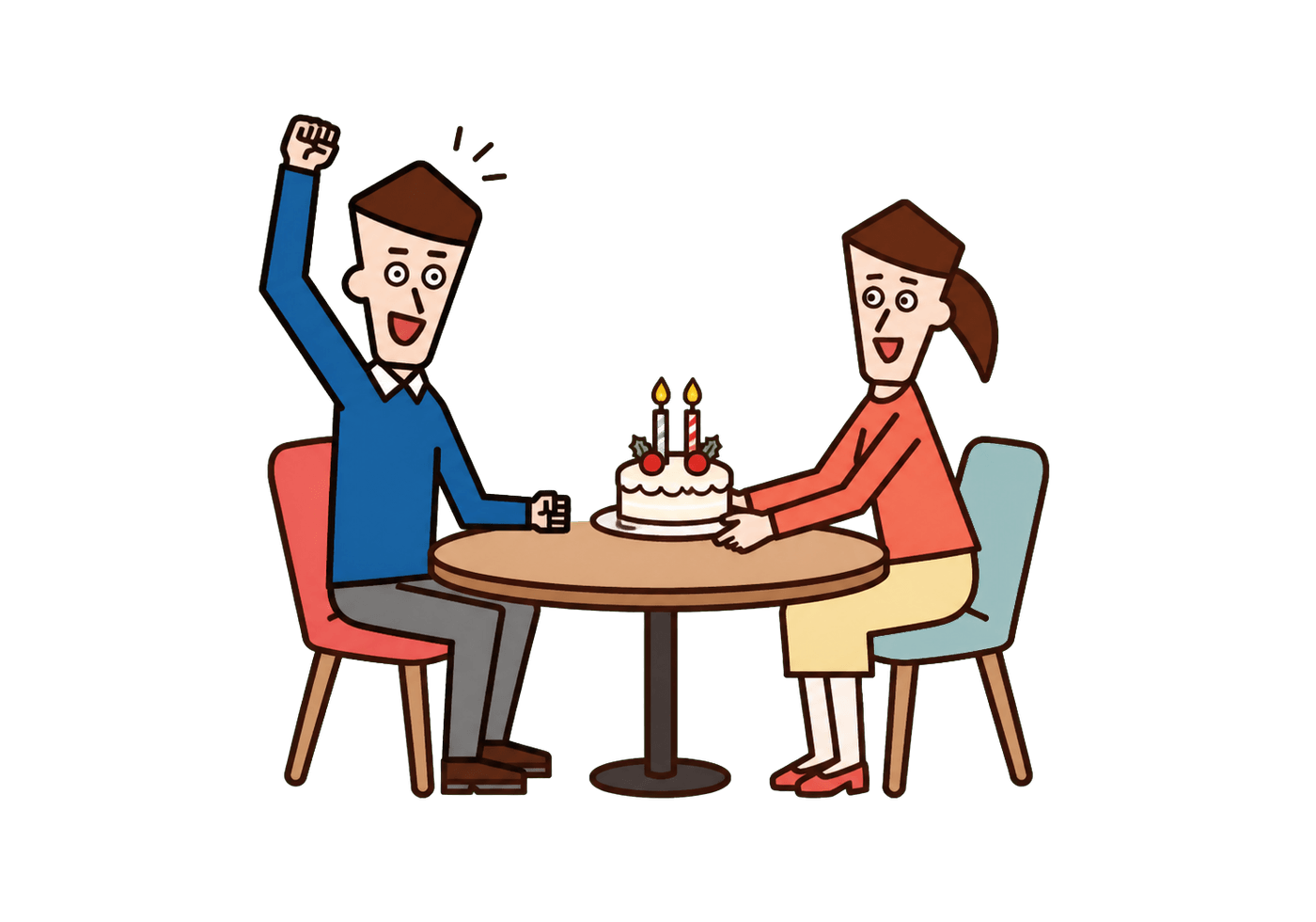 Two cheerful adults celebrating a festive date together over a small Christmas cake.