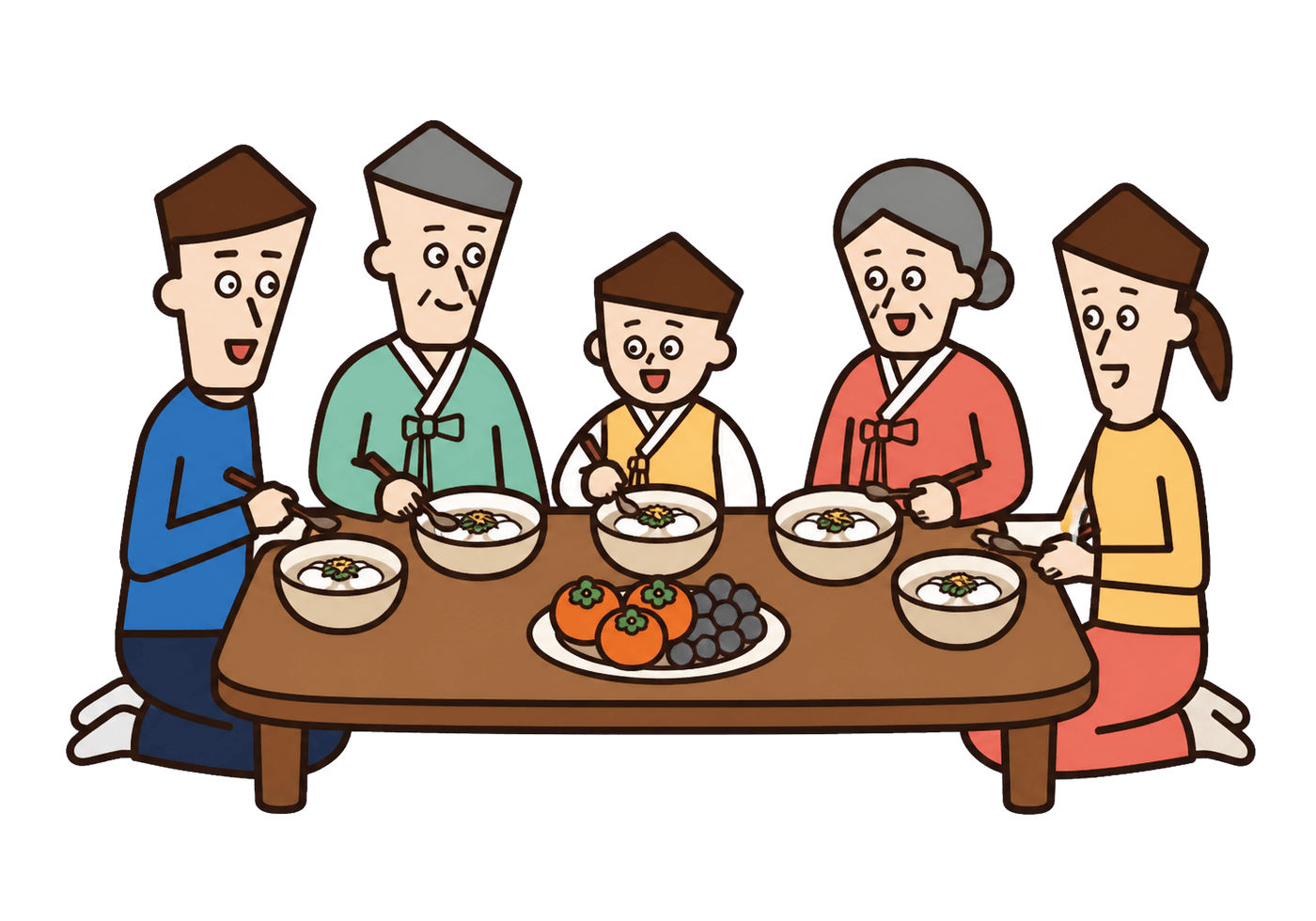 Three generations of a Korean family gathered around a low holiday meal table.