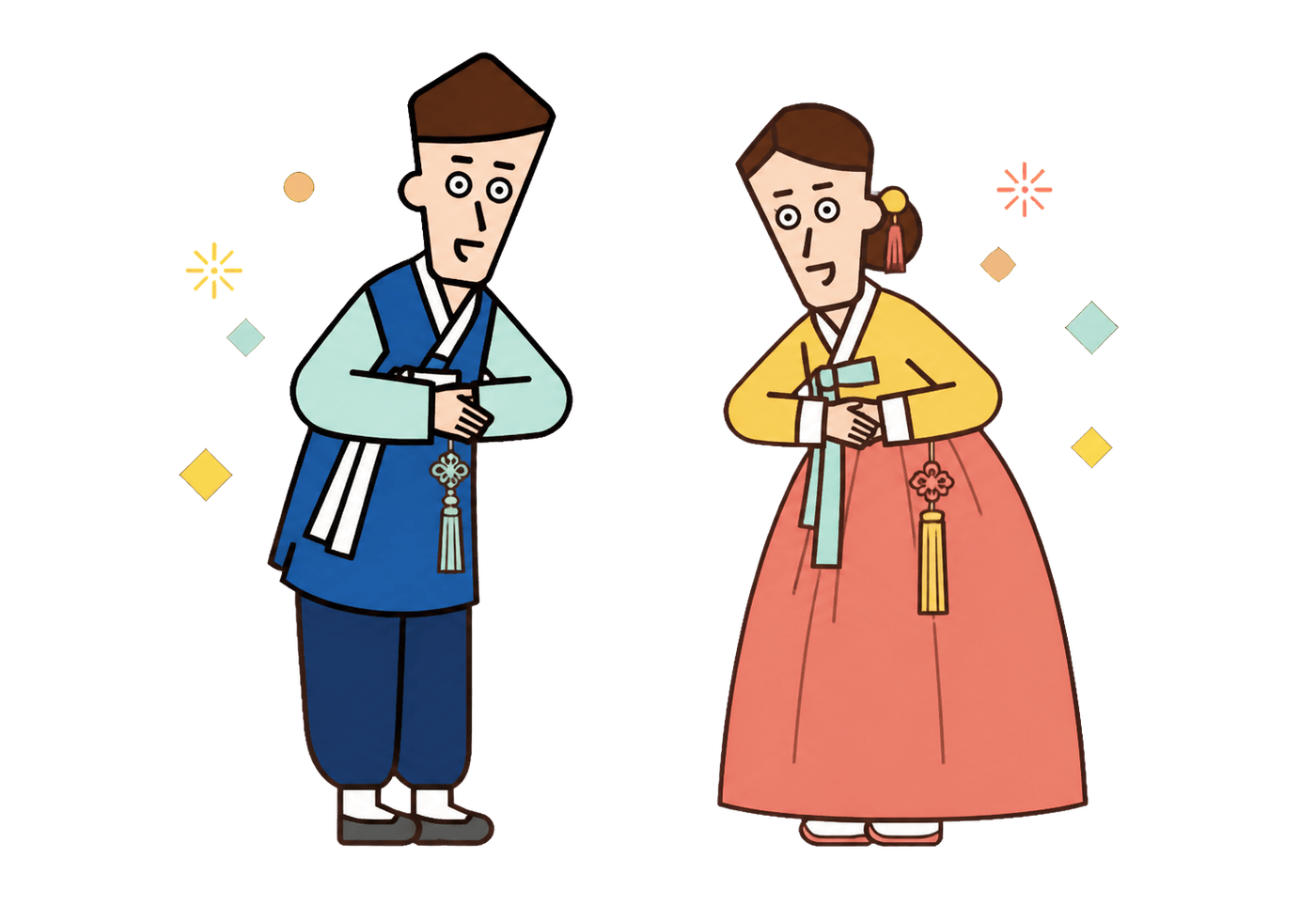 Two friendly adults in festive hanbok exchanging a warm New Year greeting.