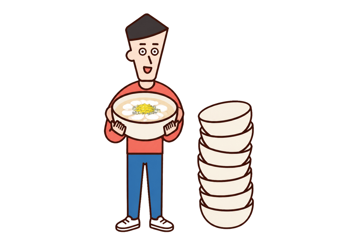 A cheerful Korean adult holding tteokguk beside a playful stack of empty soup bowls.