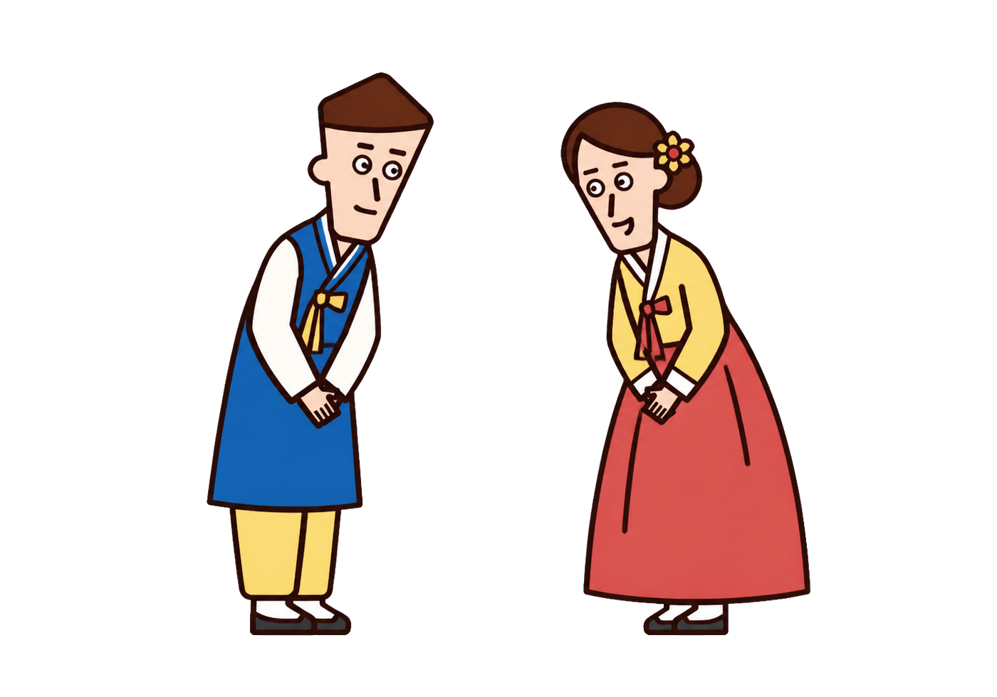 Two Korean adults in festive hanbok warmly exchanging Lunar New Year greetings.