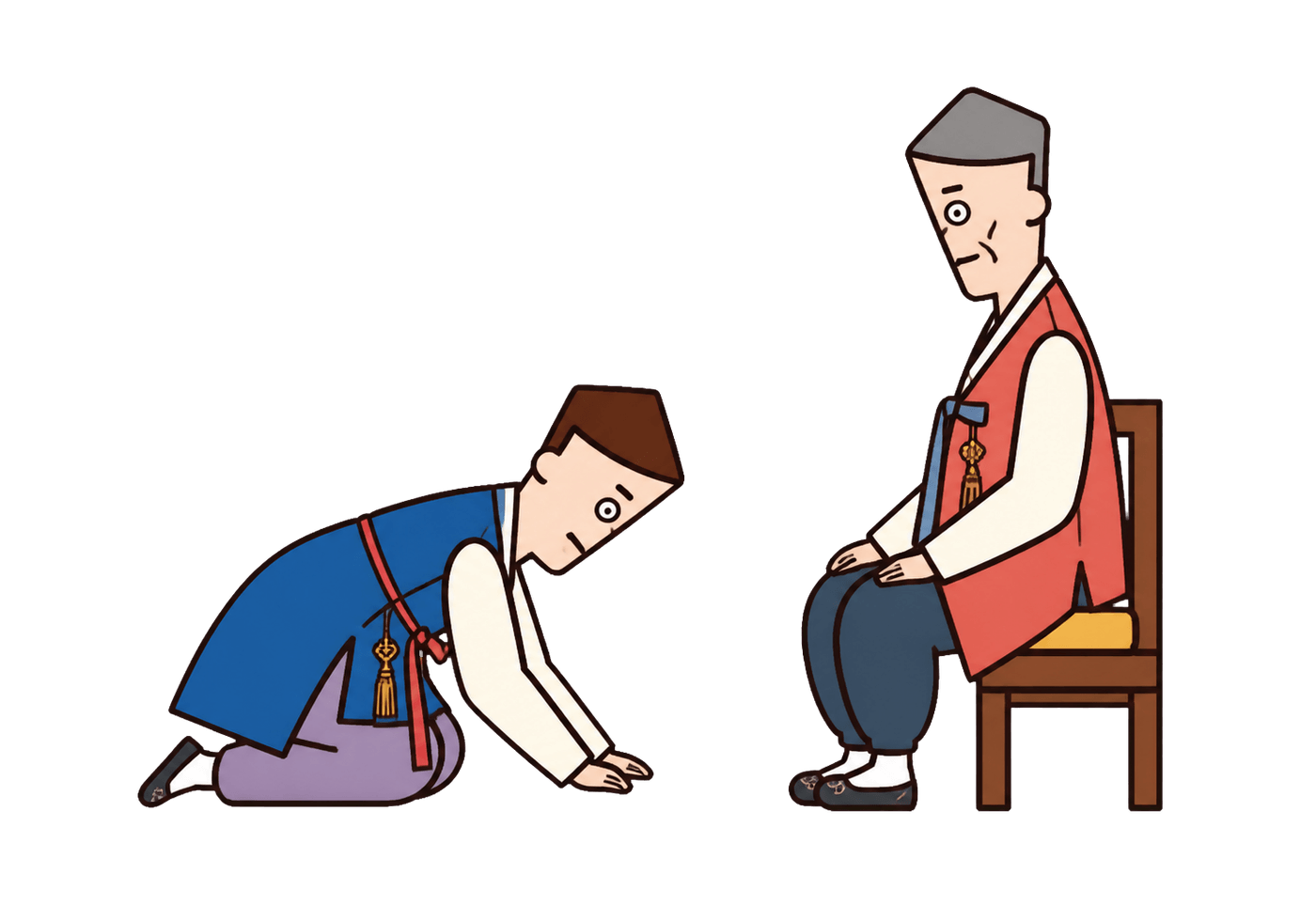 A Korean young adult performing a deep formal sebae bow before one seated elder.