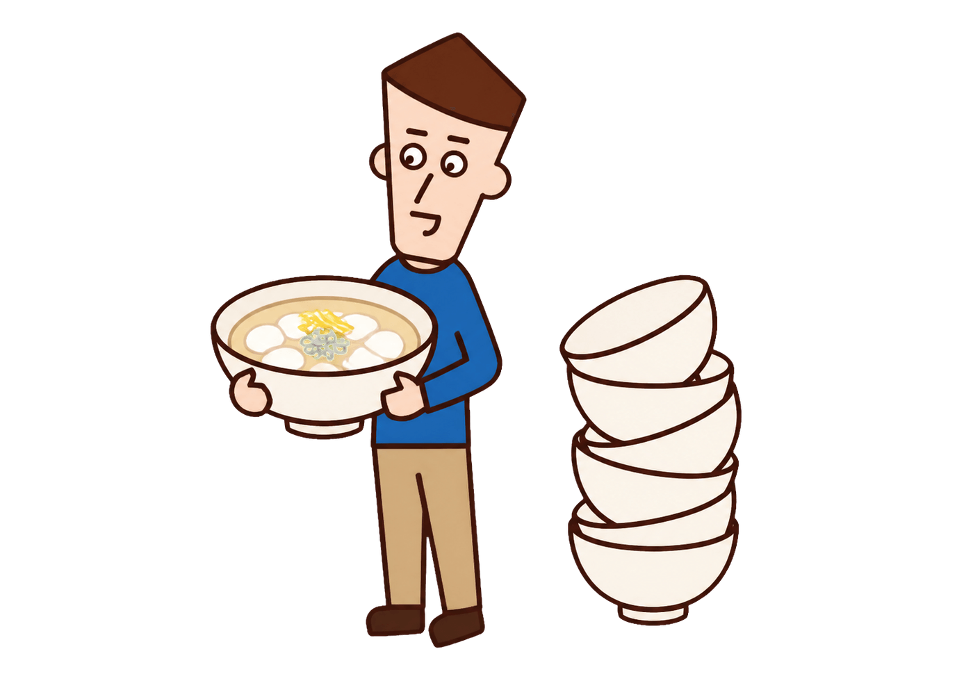 A Korean adult holding tteokguk beside a playful stack of empty soup bowls suggesting age.