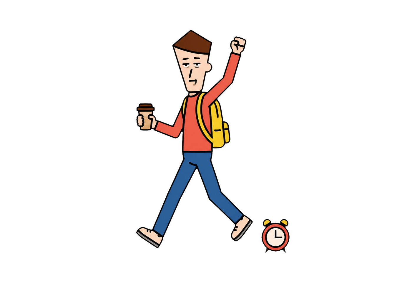 A sleepy young adult with a backpack and takeaway cup raises a cheering fist beside an alarm clock.