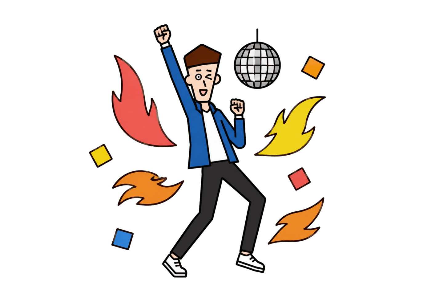 A joyful young adult dances among flame-shaped energy, confetti, and a disco ball.