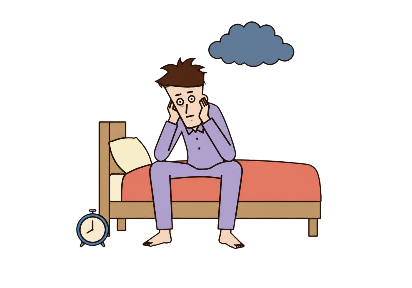 An exhausted young adult in pajamas sits on a bed under a gloomy cloud beside an alarm clock.