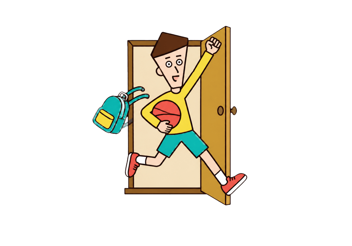 A delighted school-age character runs through an open school doorway with a ball and backpack.