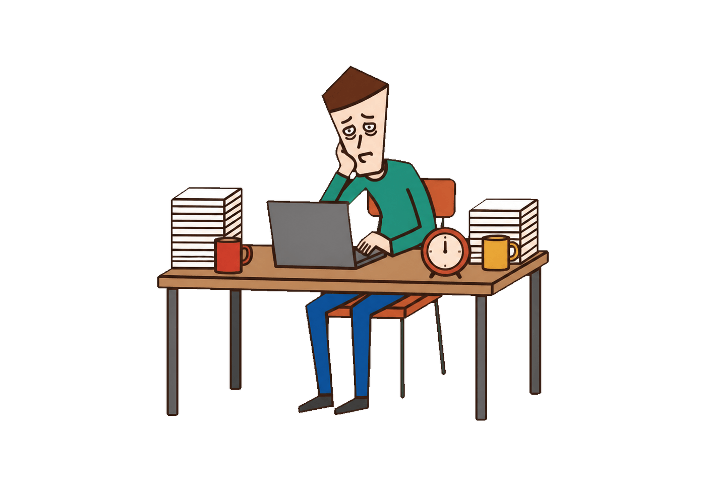 An exhausted young adult works late at a laptop between paper stacks, empty cups, and a clock.