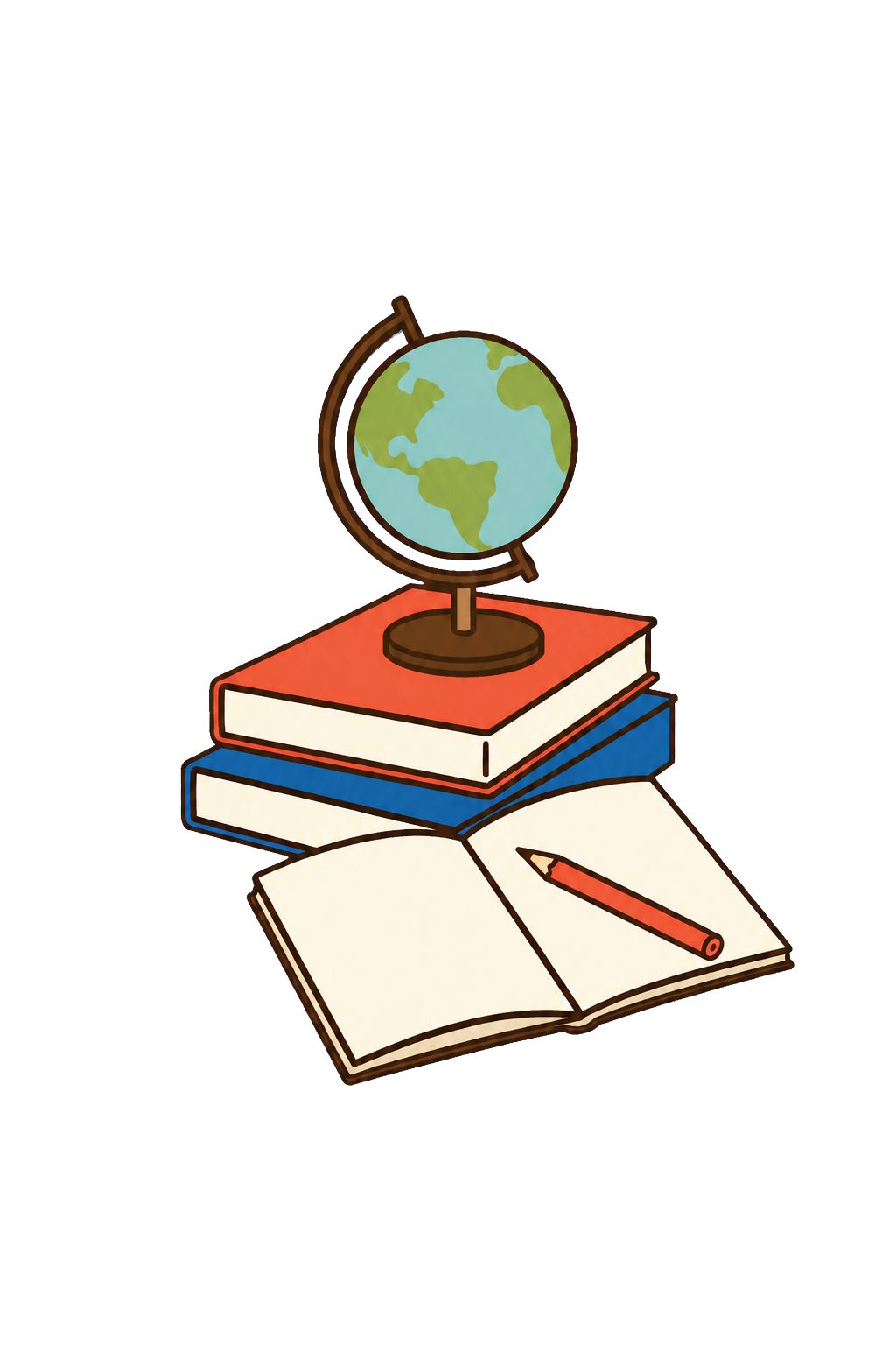 An illustrated desk globe, books, and an open notebook