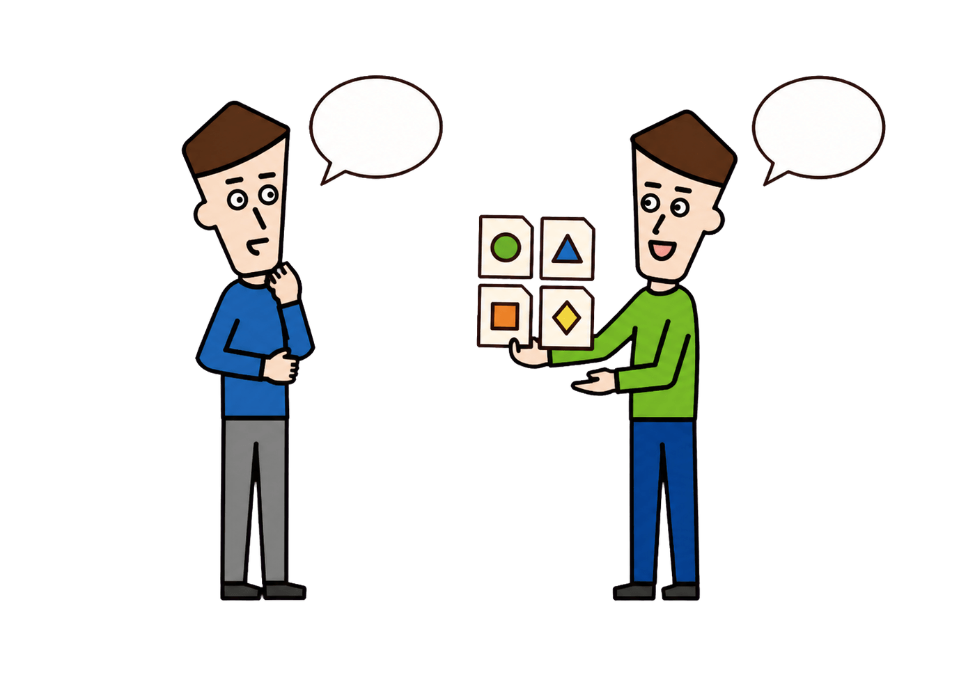 Two people relax into a first conversation using four colorful personality cards.