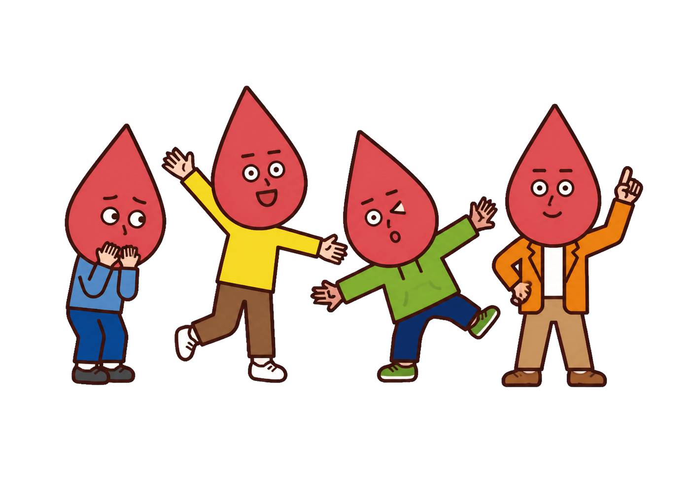 Four blood-drop characters show shy, lively, quirky, and sociable personality archetypes.