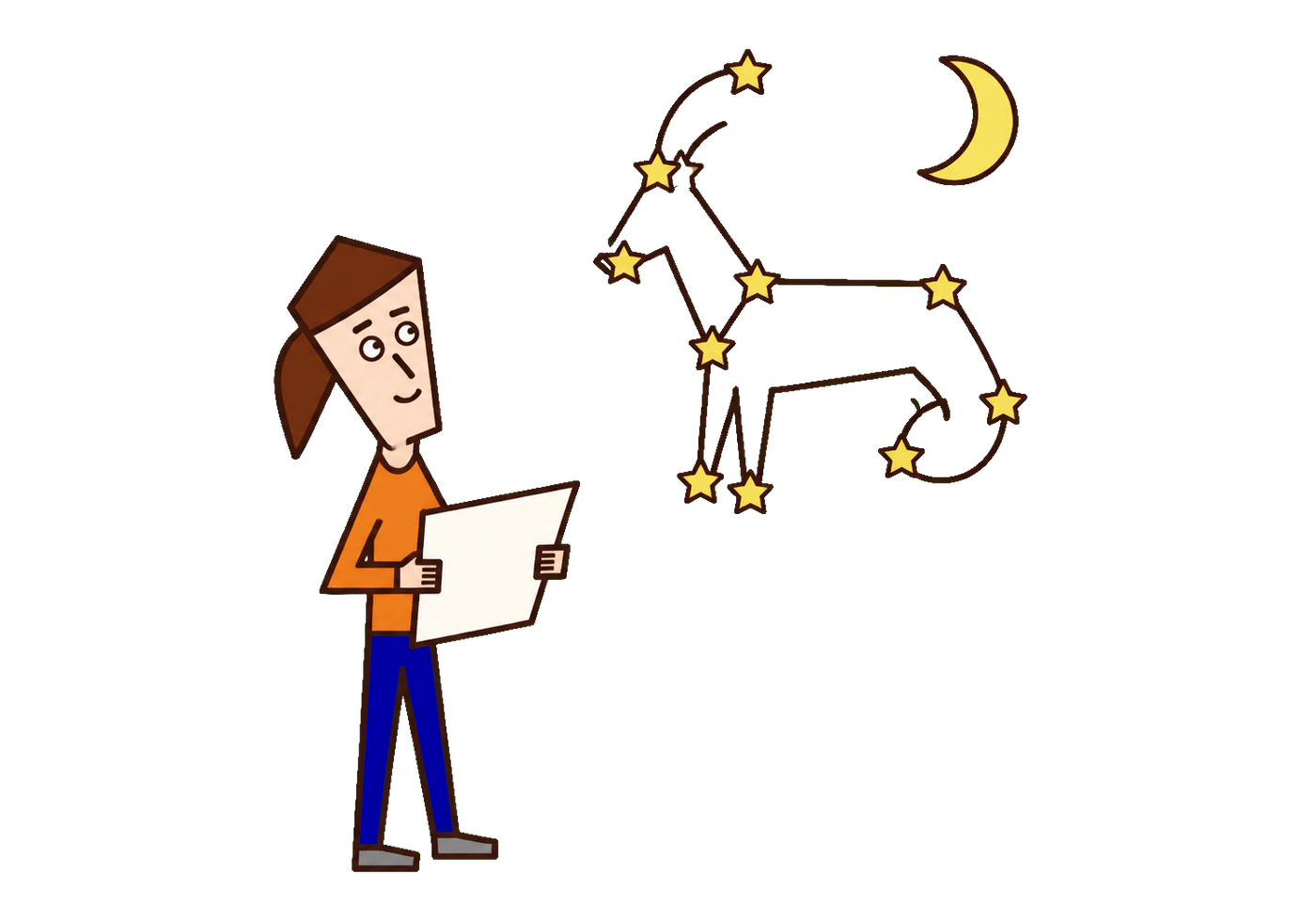 A woman studies a blank star chart beneath a goat-shaped Capricorn constellation.