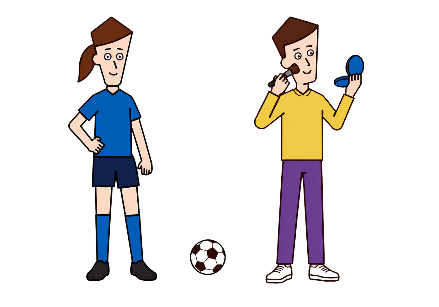 A woman stands ready to play soccer while a man confidently applies makeup beside her.