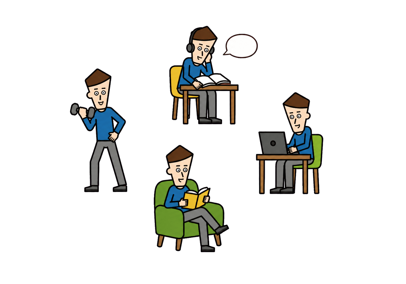 Four moments in a productive routine: exercise, language study, laptop work, and relaxed reading.