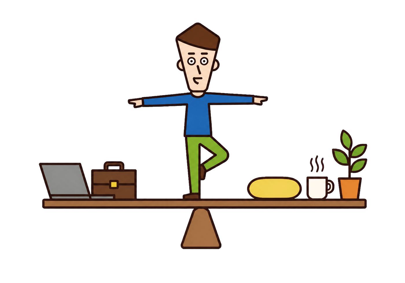 A person balancing work essentials against a cushion, warm drink, and plant on a level beam.