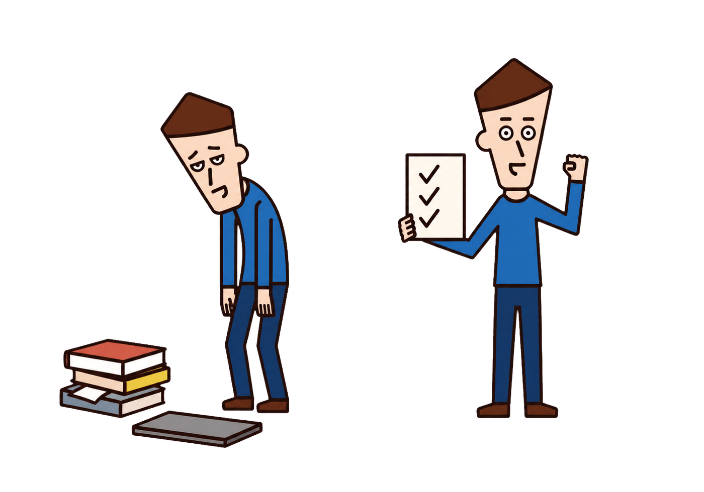 An exhausted person beside unfinished work contrasts with a satisfied person holding a completed checklist.