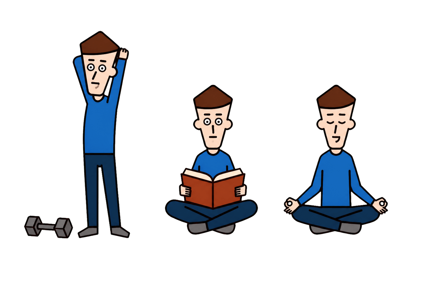 A person becomes progressively calmer through stretching, reading, and meditation.
