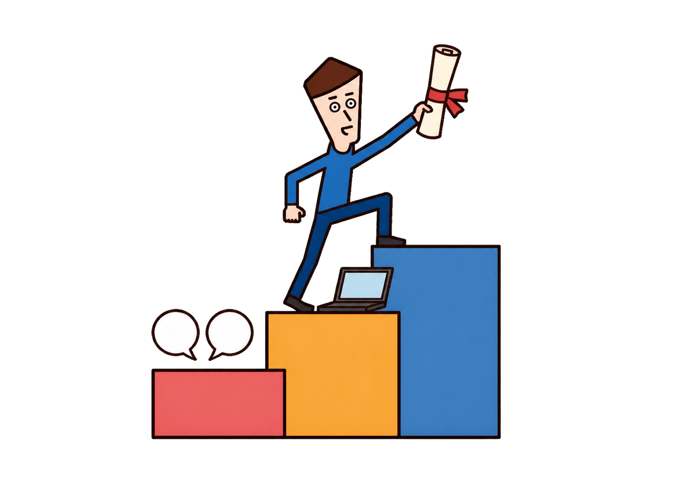 A determined person climbs three steps representing language skills, computer ability, and a certificate.