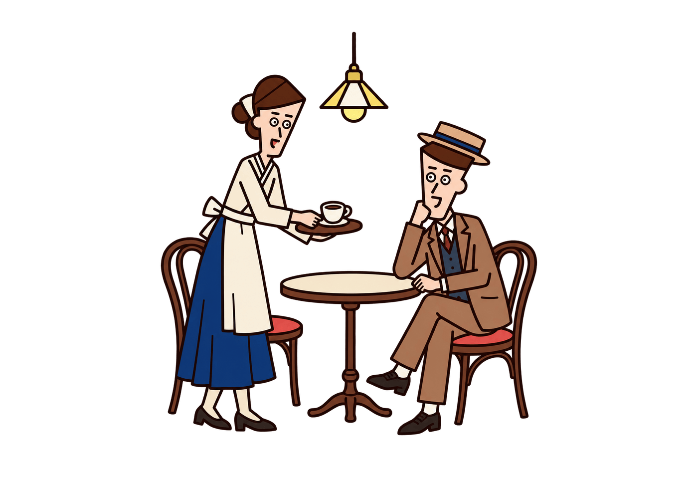 A server presents coffee to a seated customer in an early Korean dabang.