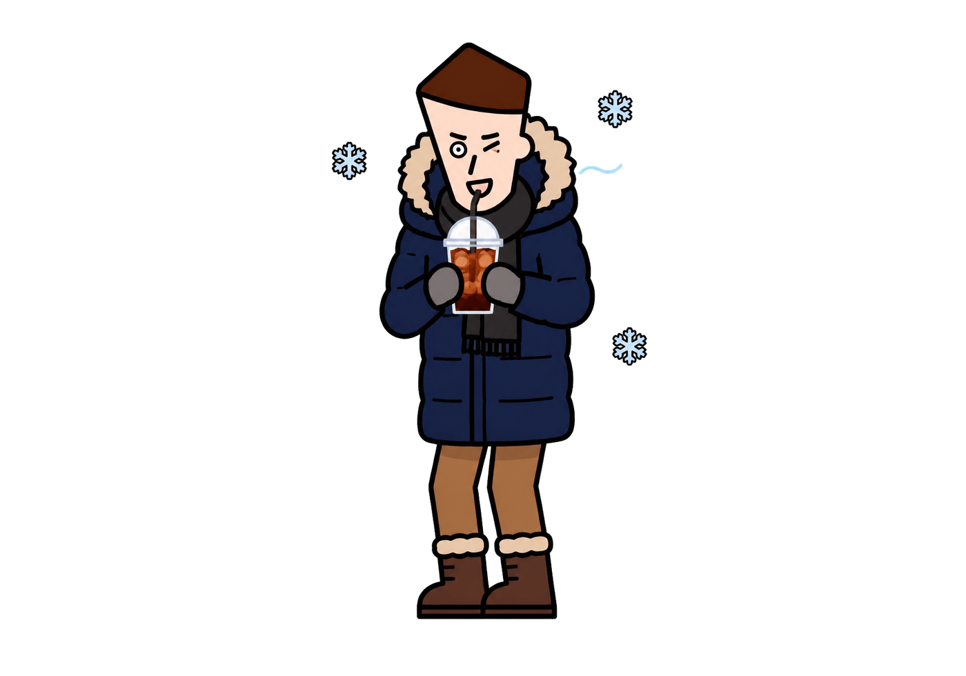 A bundled-up Korean adult happily drinking an iced Americano while shivering in freezing weather.