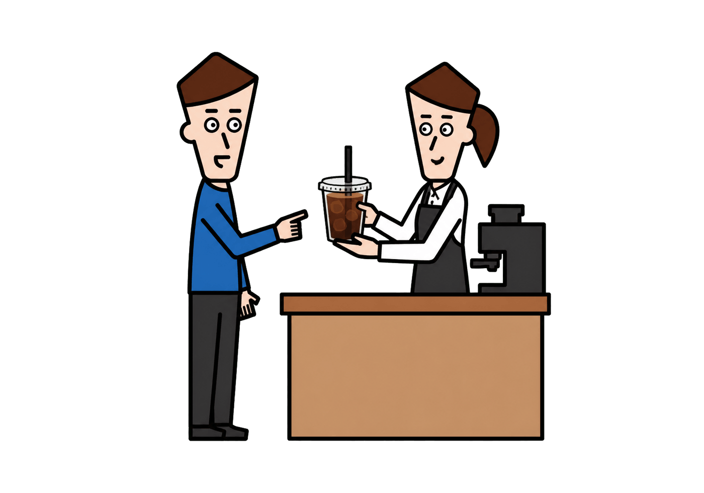 A café customer gestures toward an iced Americano as a barista presents the drink across the counter.