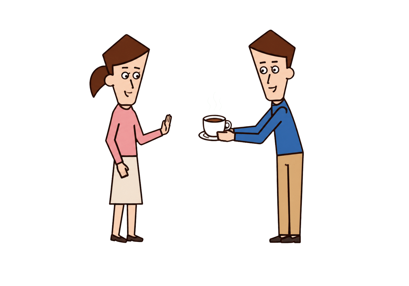 A Korean woman responds ambiguously while another adult offers her a cup of coffee.