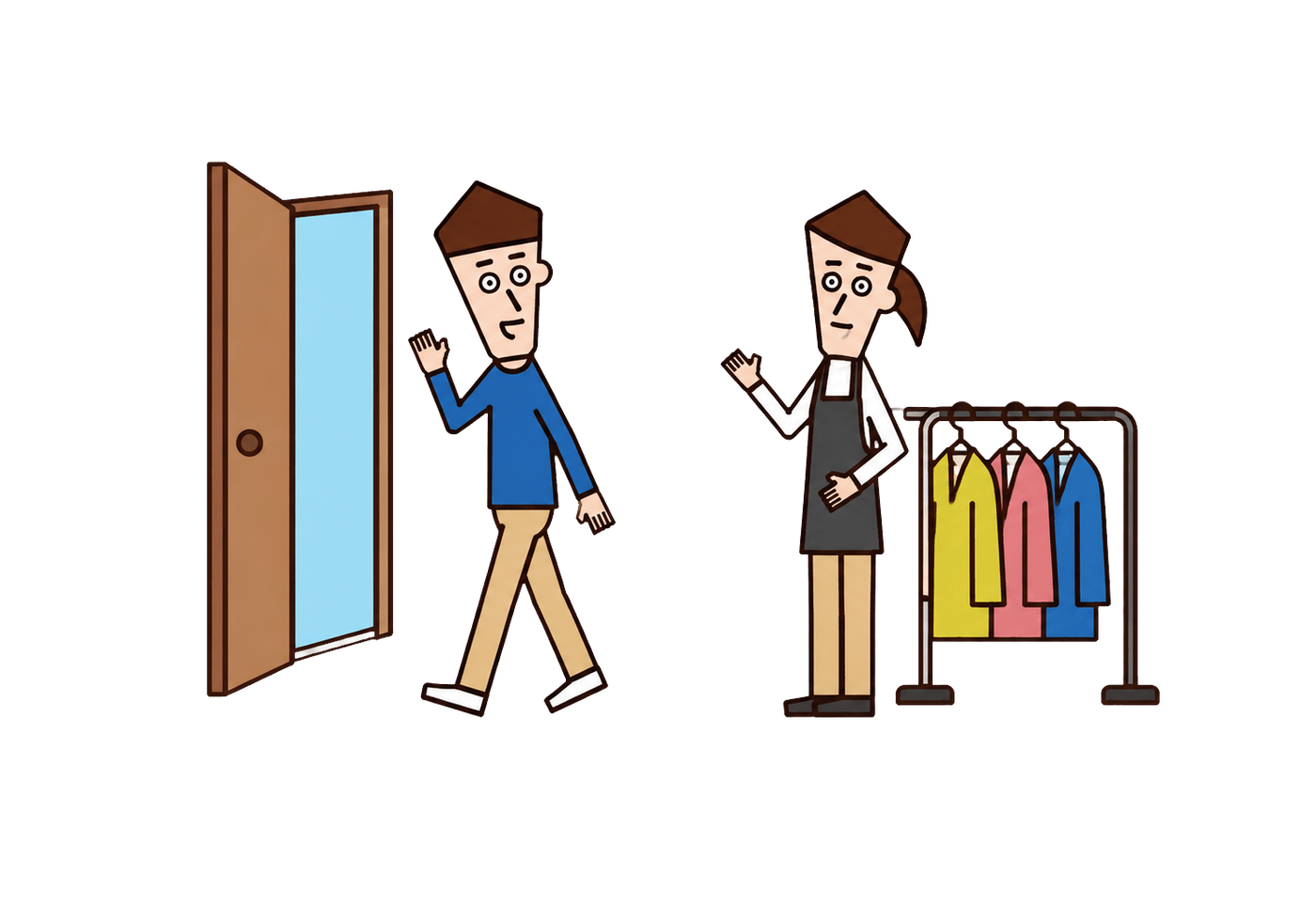 An empty-handed shopper politely waves while leaving a clothing store after browsing.