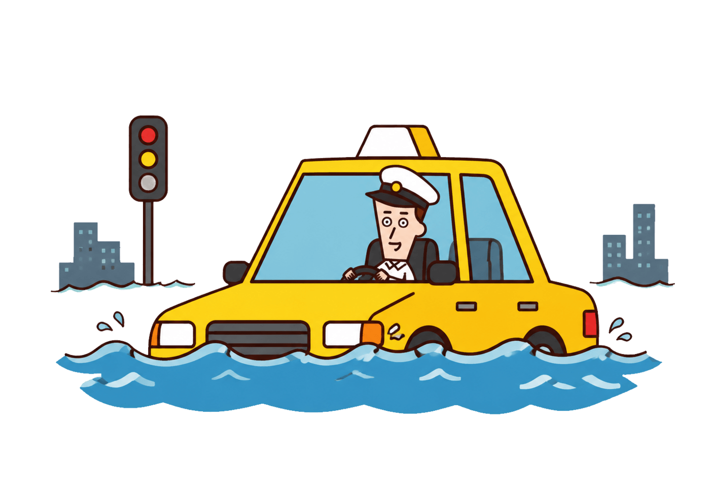 A captain-like taxi driver navigates a yellow taxi through a deeply flooded city street.