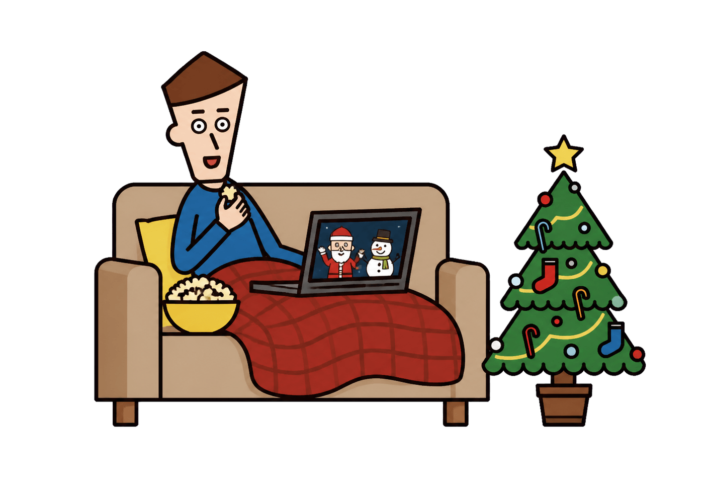 A cheerful adult enjoying Christmas alone on a sofa with a festive movie, popcorn, and a small decorated tree.