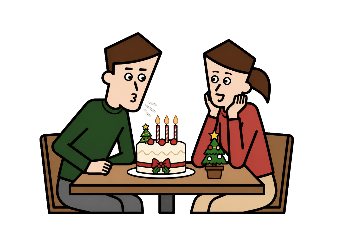 Two adults sharing a Christmas cake while one blows out its candles during a festive date.