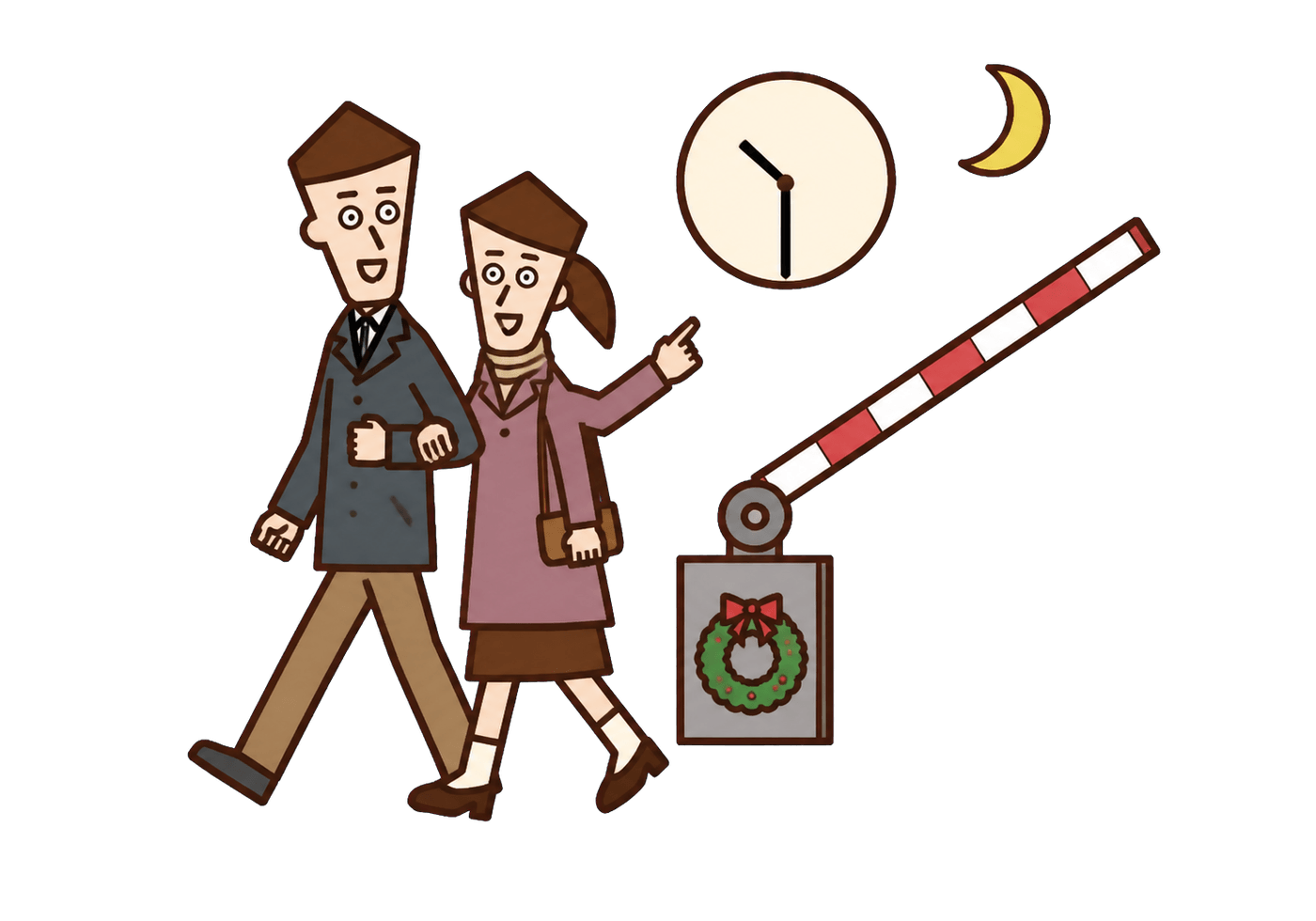 A young couple walks into the night past a raised curfew barrier, a late clock, and a festive wreath.