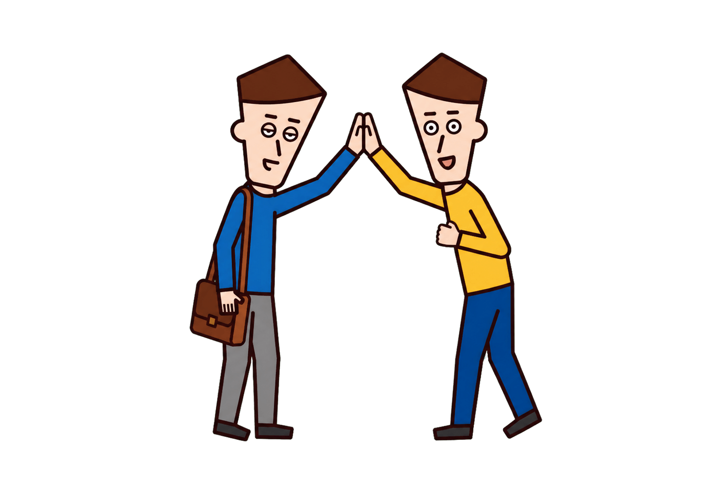A weary person with a work bag begins to perk up while high-fiving an encouraging friend.