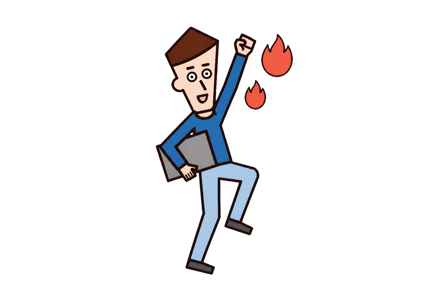 A relieved person closes a laptop while stepping into a joyful pose beside two stylized flames.