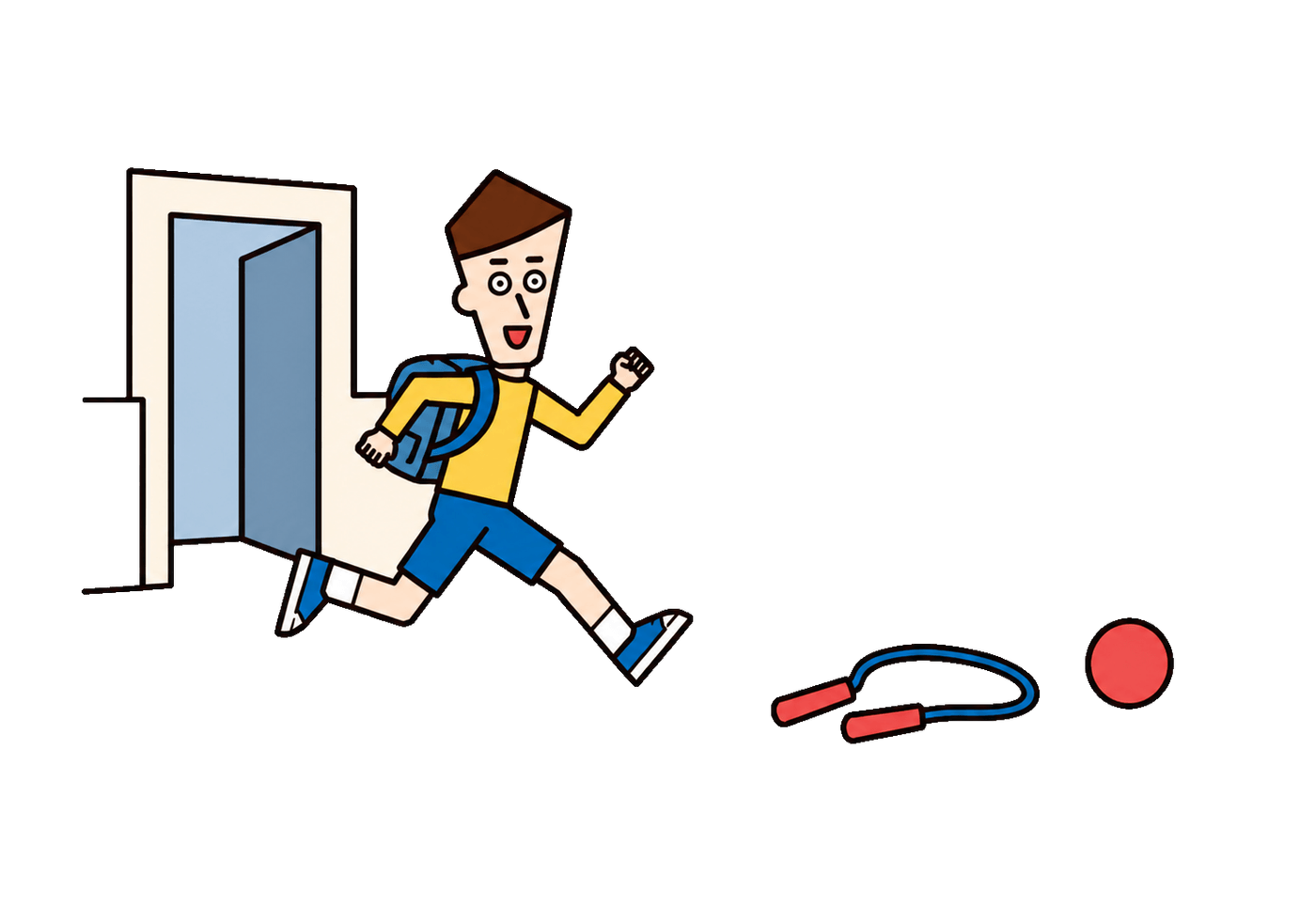 A delighted schoolchild runs from a school doorway toward a jump rope and ball on a Saturday off.