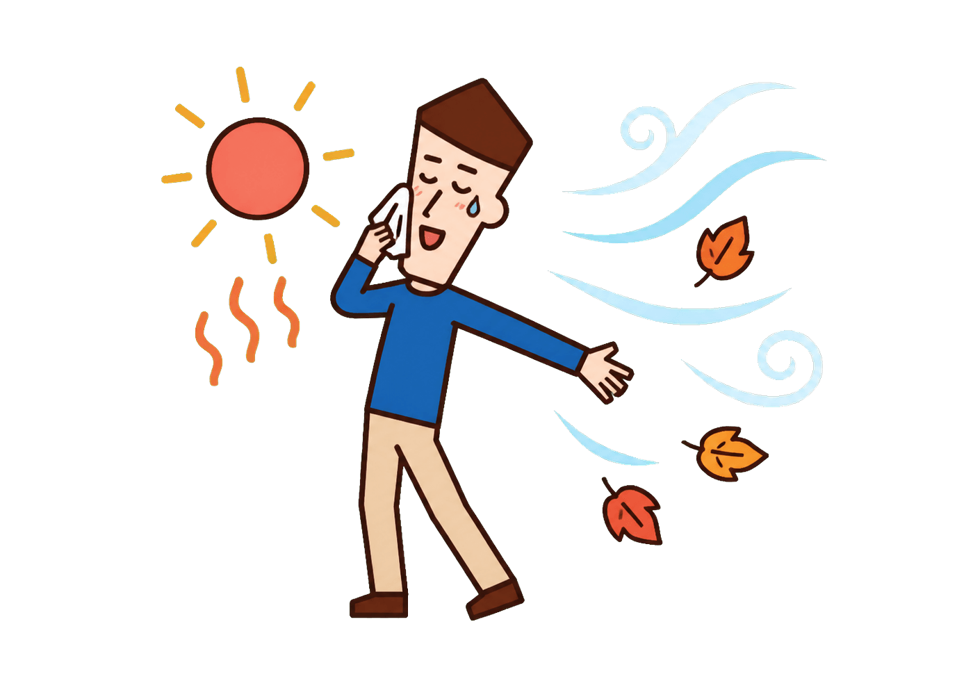 An overheated Korean adult wiping away sweat as a cool autumn breeze and swirling leaves arrive.