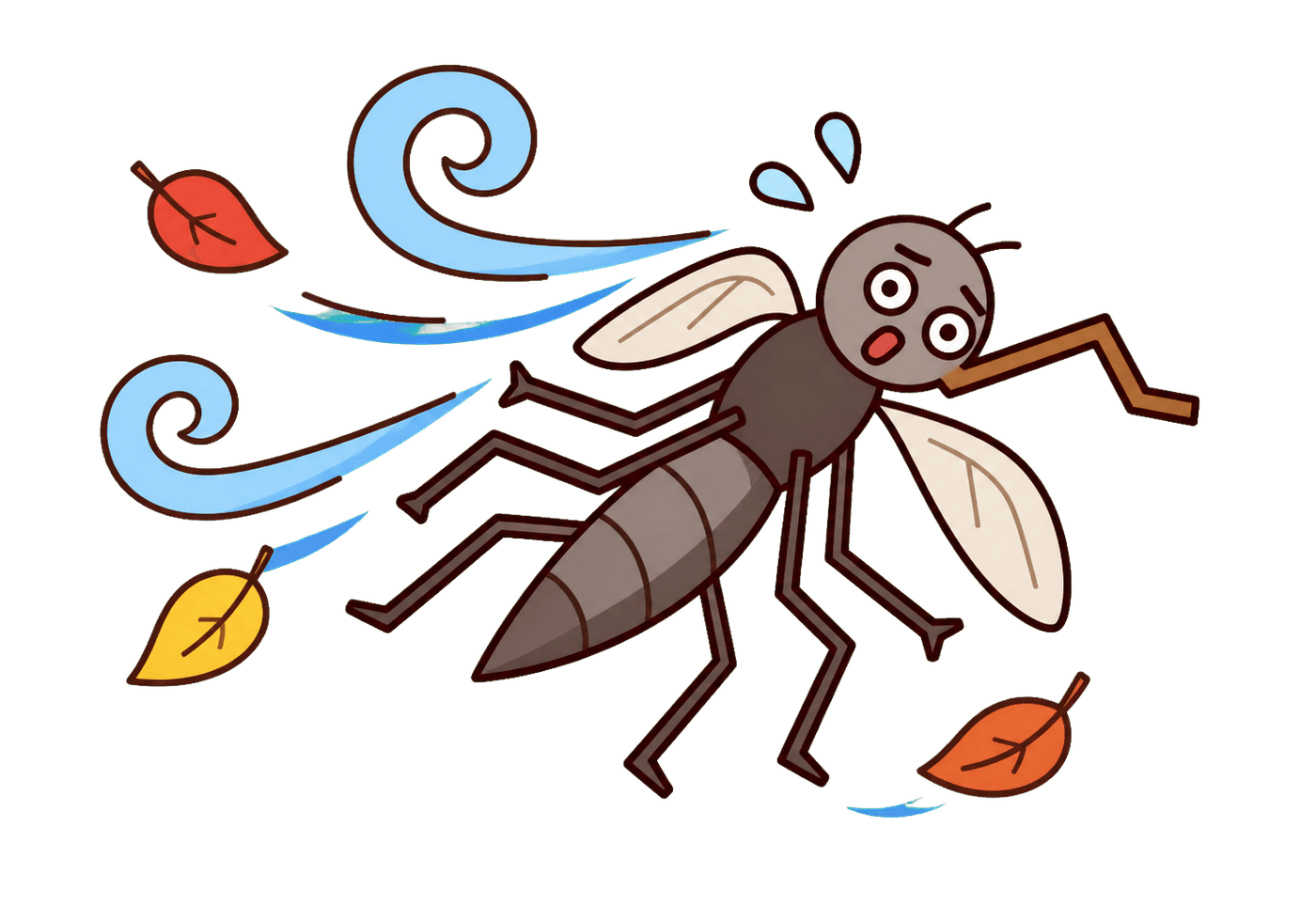 A weakened stylized mosquito with a bent proboscis being blown backward by cool wind and autumn leaves.