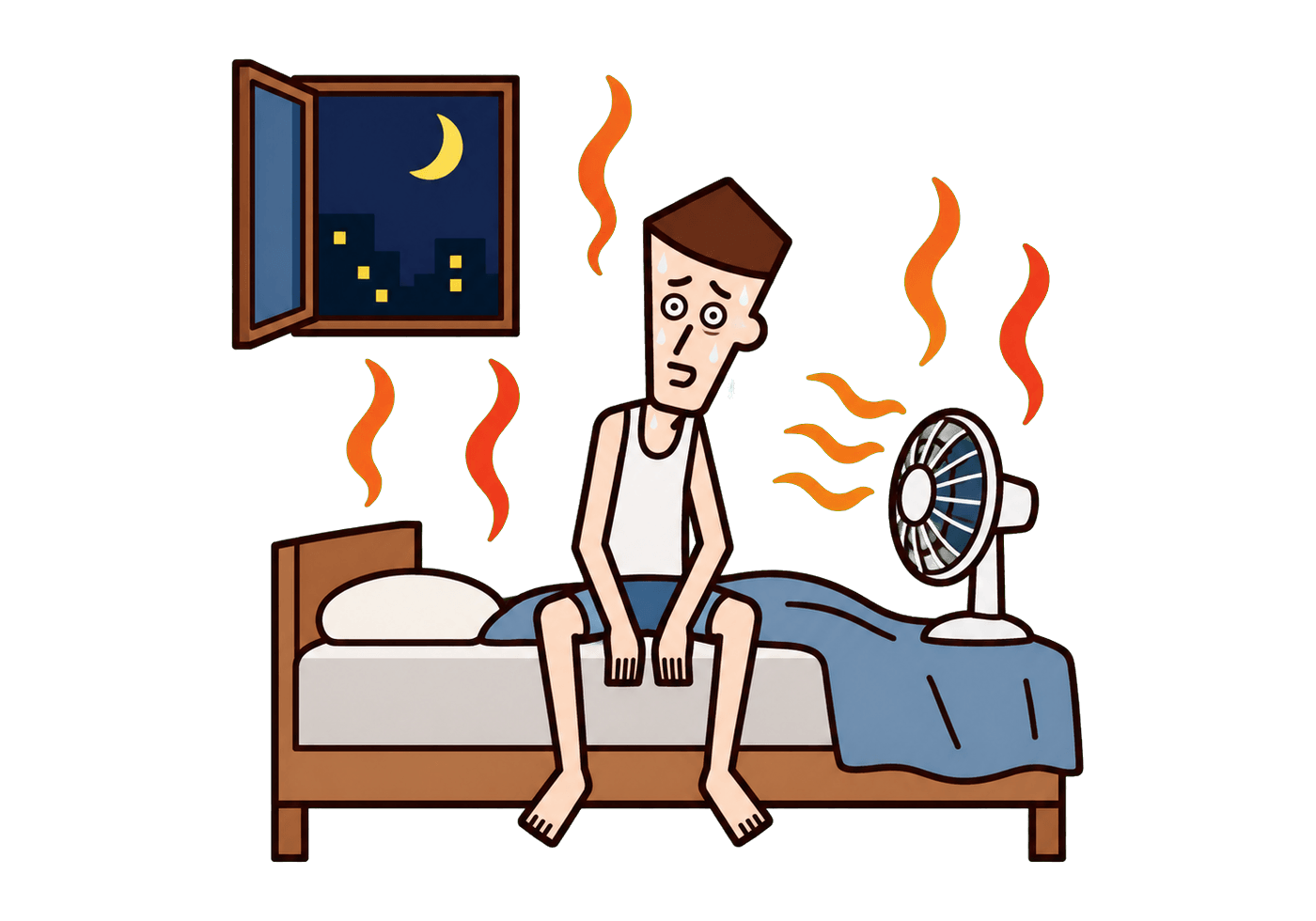 A tired Kuku character sits awake on a bed as a fan blows warm air through a tropical night.