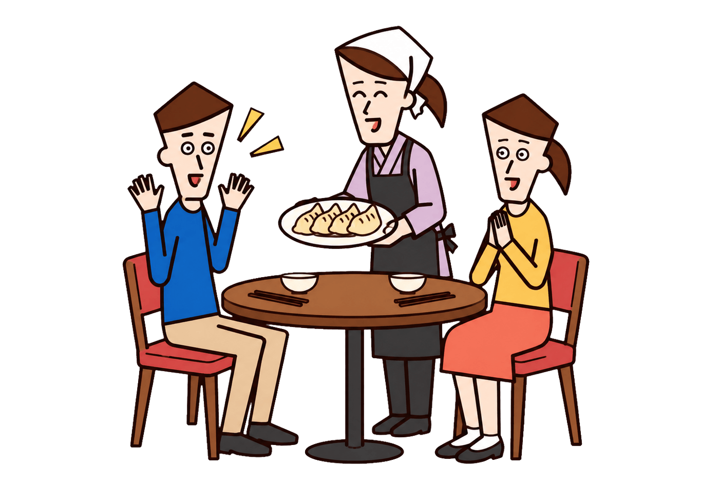 A Korean restaurant owner presents two surprised diners with a complimentary plate of dumplings.