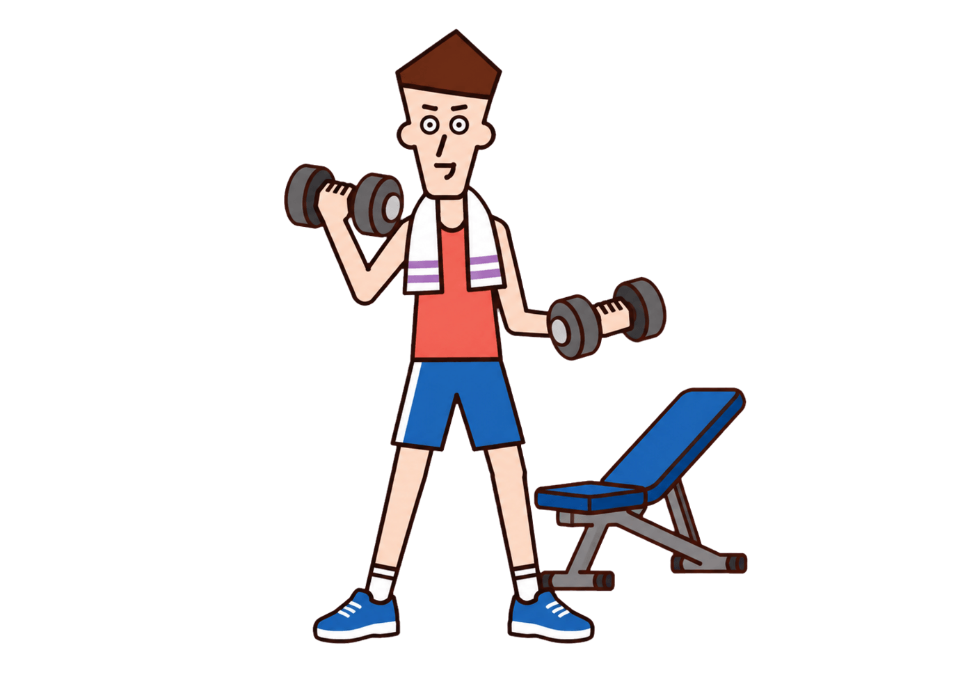 An energetic young adult curls two dumbbells beside a workout bench.