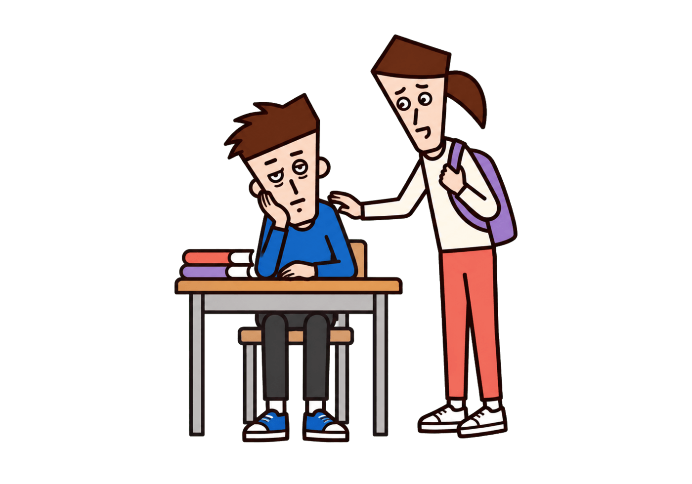 A tired student slumps at a desk while a concerned friend checks on them.