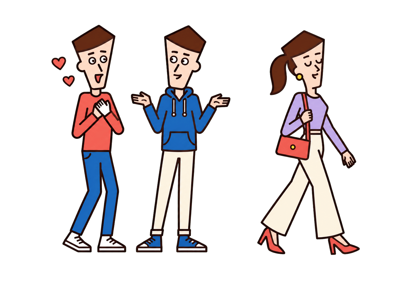 An admirer and a shrugging friend react differently as a stylish passerby walks past.
