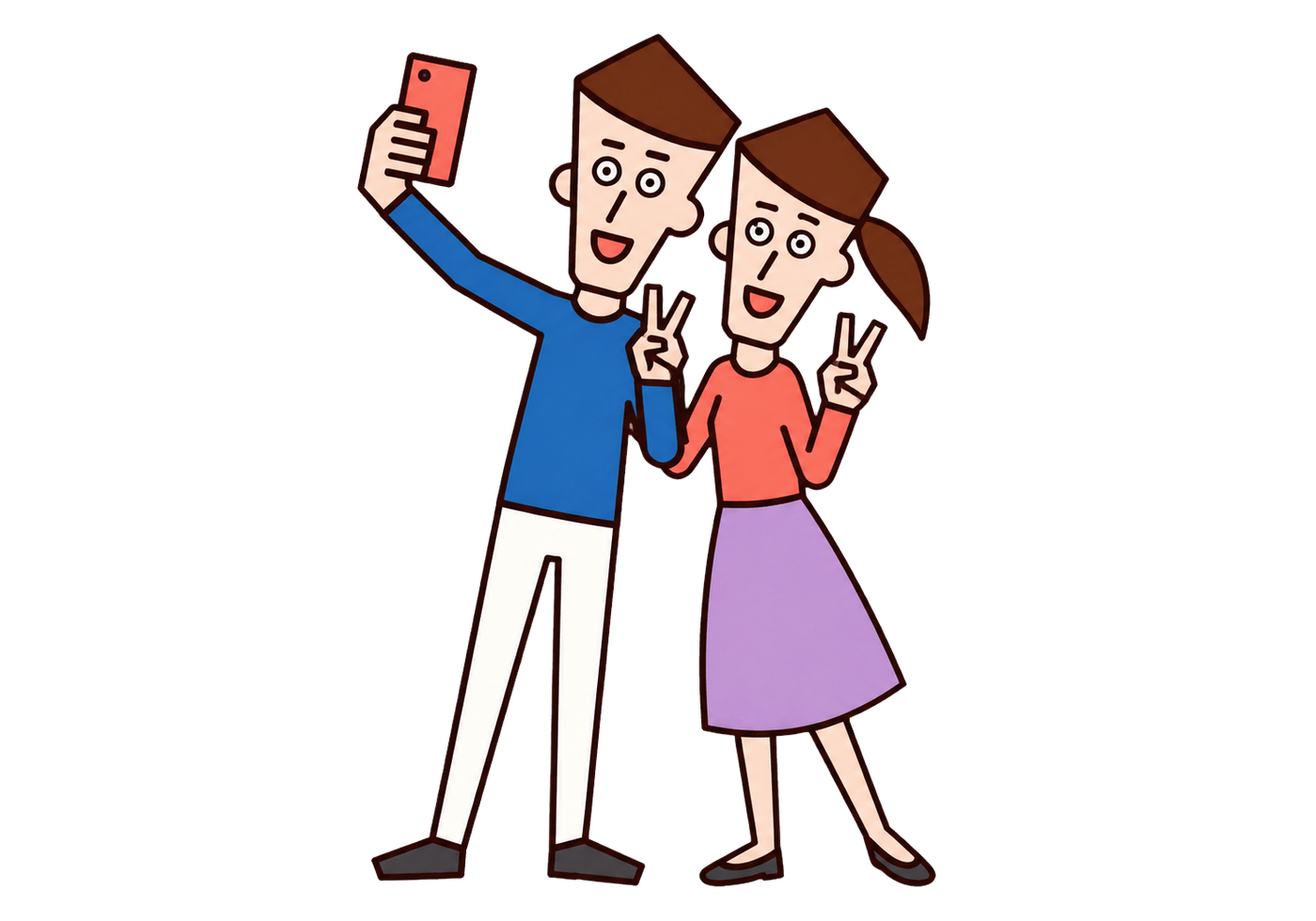 A young man and woman take a smartphone selfie together while making V signs.