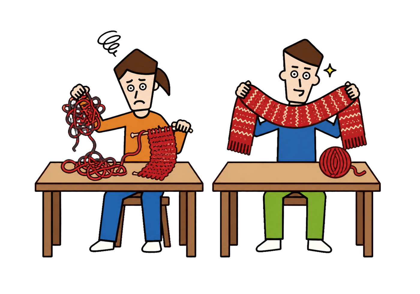 Two adults contrast tangled, crooked knitting with a neatly finished handmade scarf.