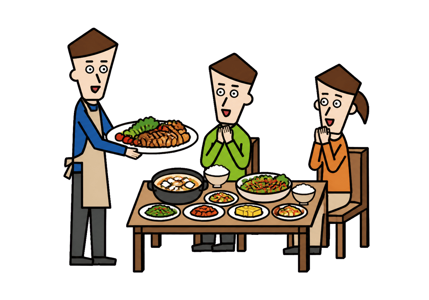A generous host welcomes two delighted friends to a table filled with homemade food.