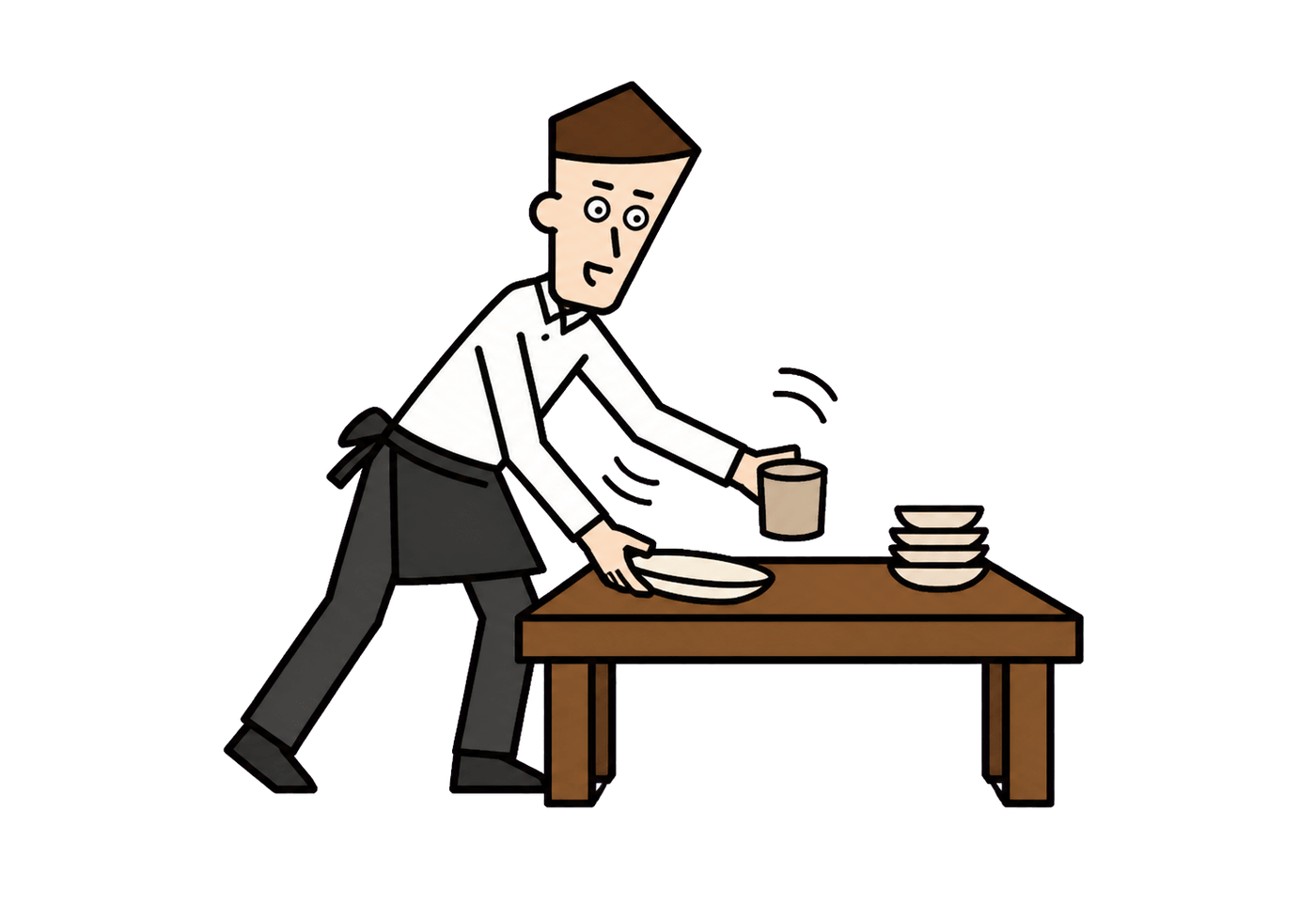 A restaurant worker briskly and neatly sets a table with plates and a cup.