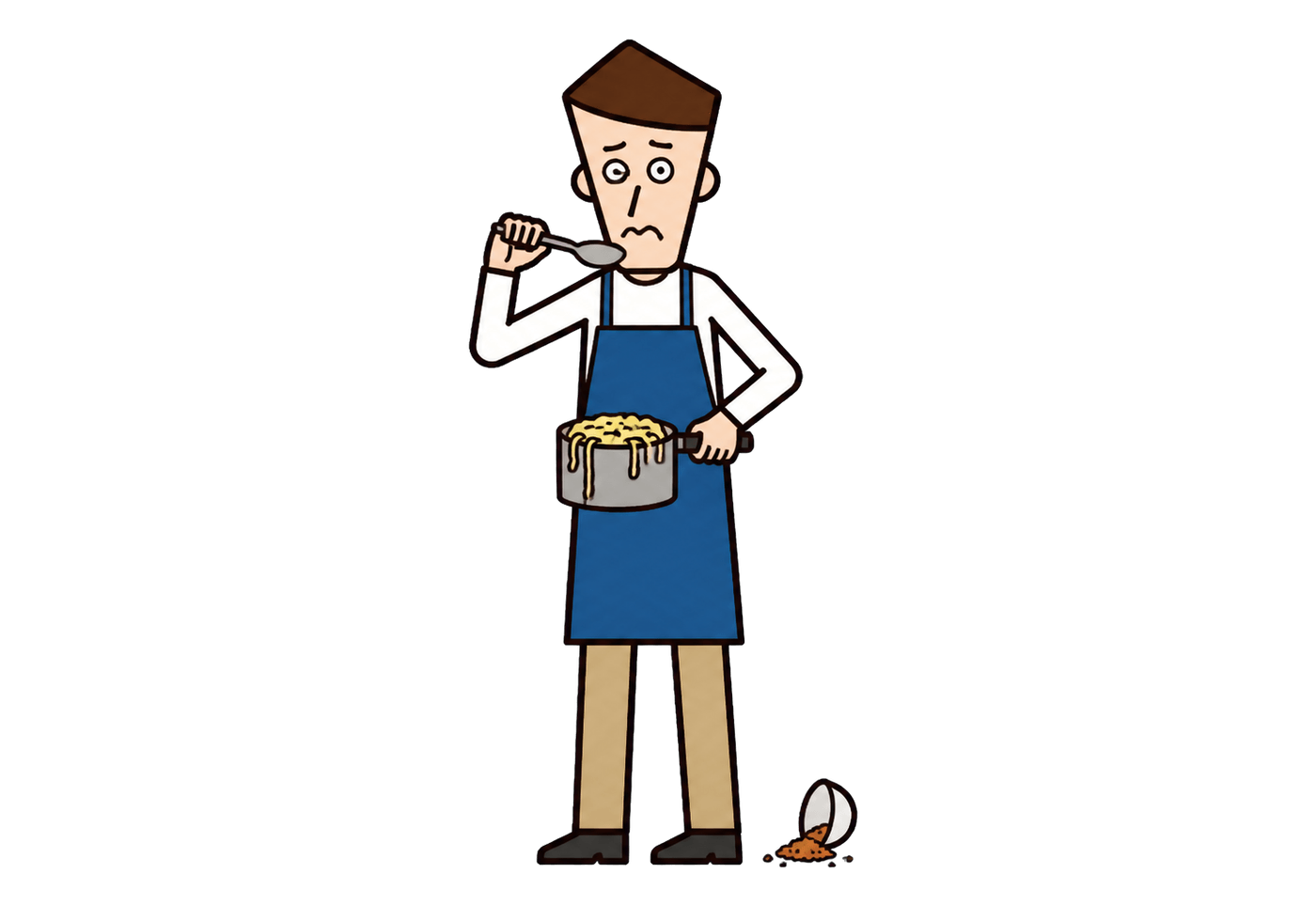 A disappointed home cook tastes a badly cooked pot of overflowing ramyeon.
