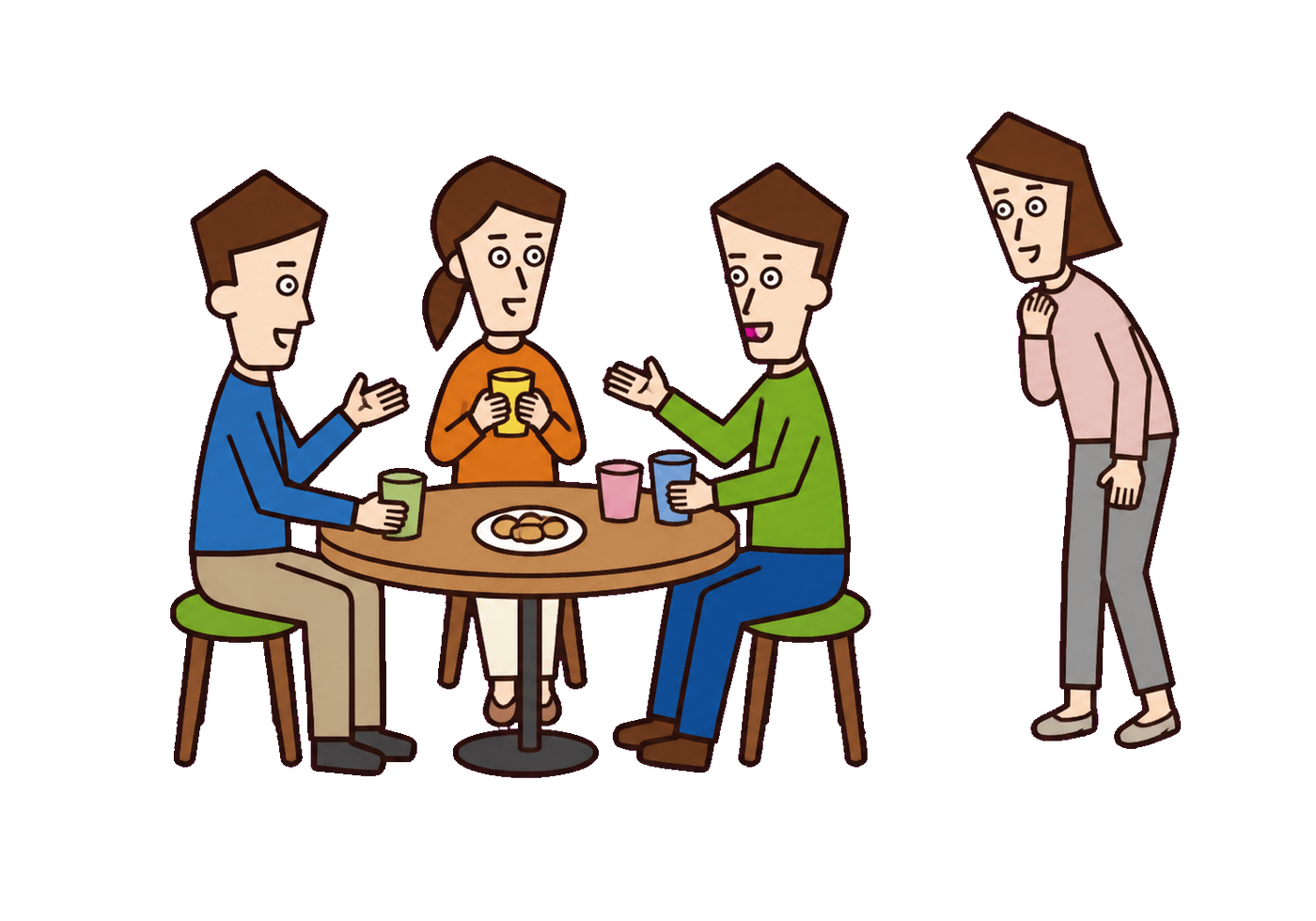 Four adults show one person reading the group's expressions and body language before joining a social interaction.