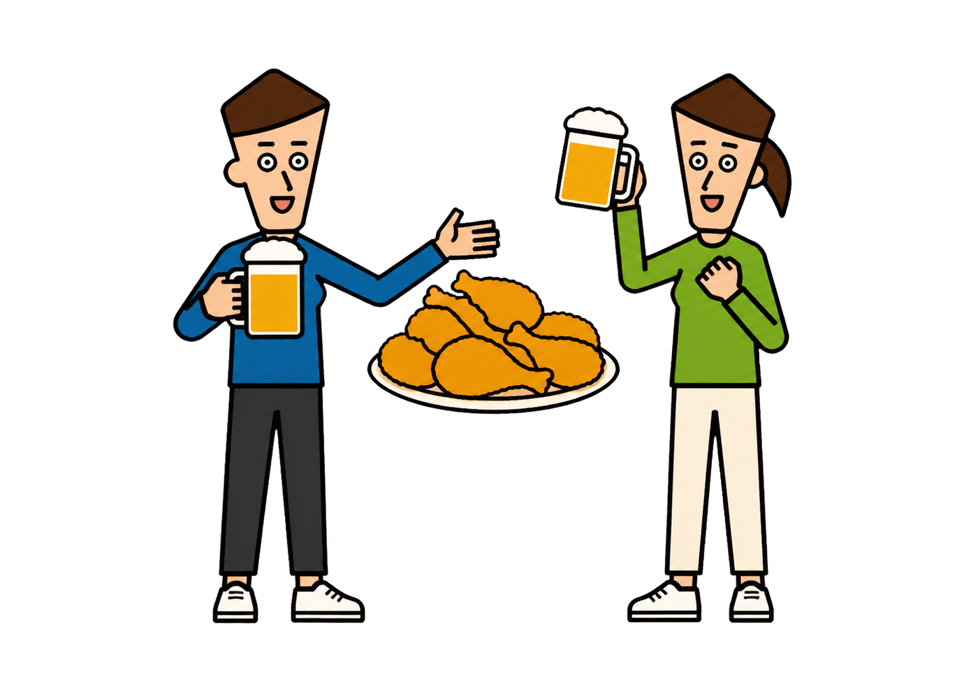 Two adults celebrate the familiar pairing of Korean fried chicken and beer.