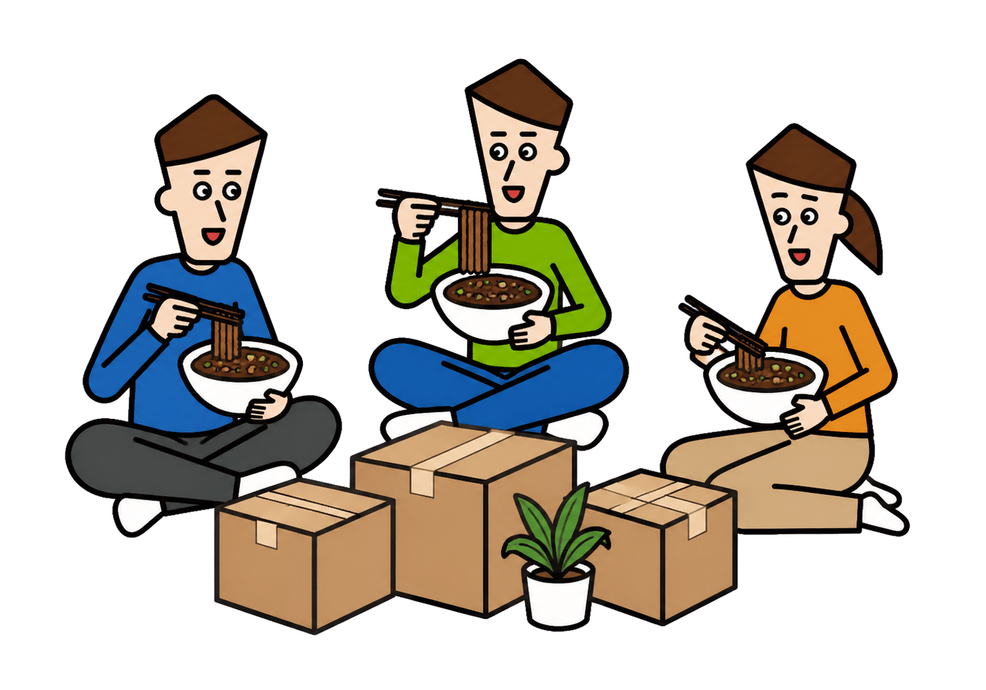 Three friends eat jajangmyeon among moving boxes while settling into a new home.